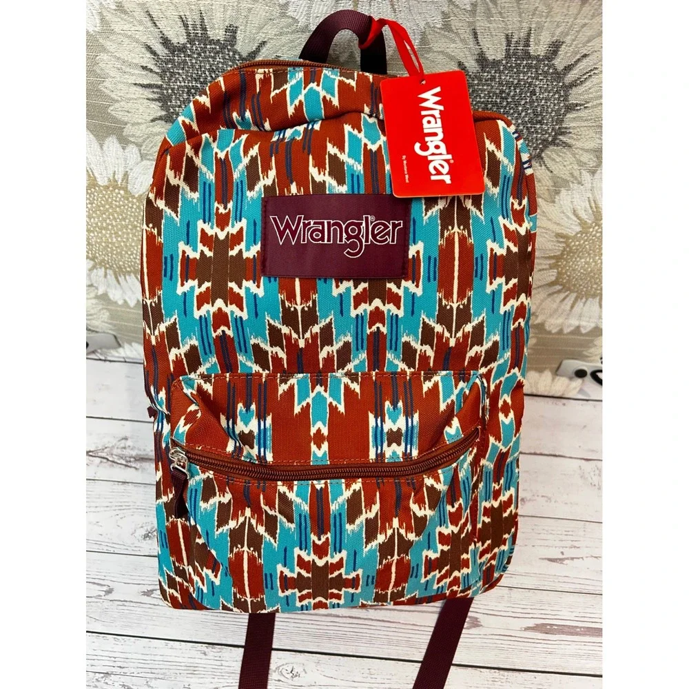 Wrangler by Montana West Aztec Southwestern Print Canvas Backpack Turquoise/Rust